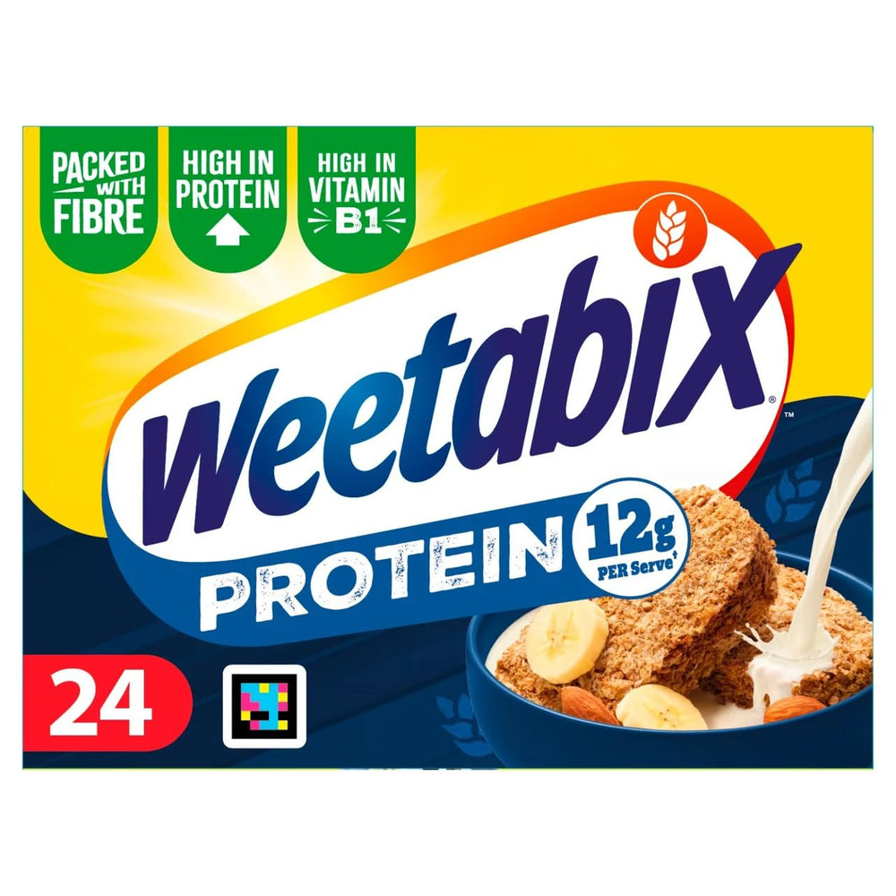 Weetabix caja frontal mostrando diseño y beneficio de proteína