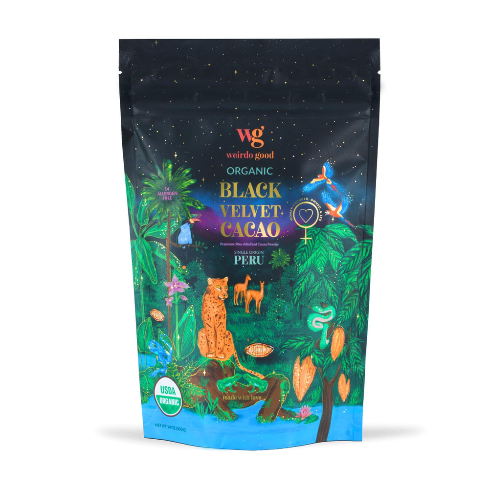Weirdo Good frente del empaque mostrando diseño y peso de 14 oz, garantía de calidad