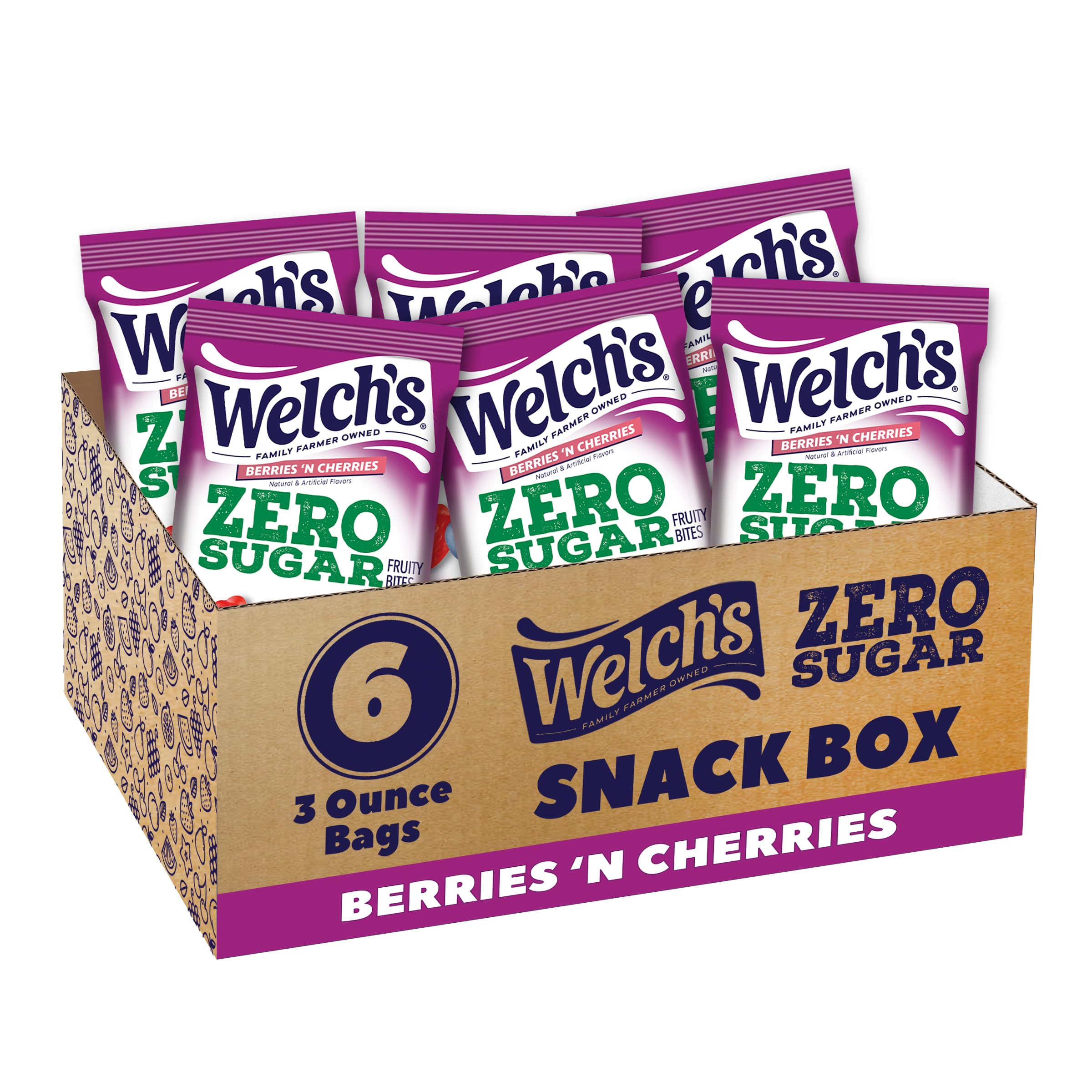 Welch's caja frontal mostrando sabor Berries 'N Cherries y conveniencia