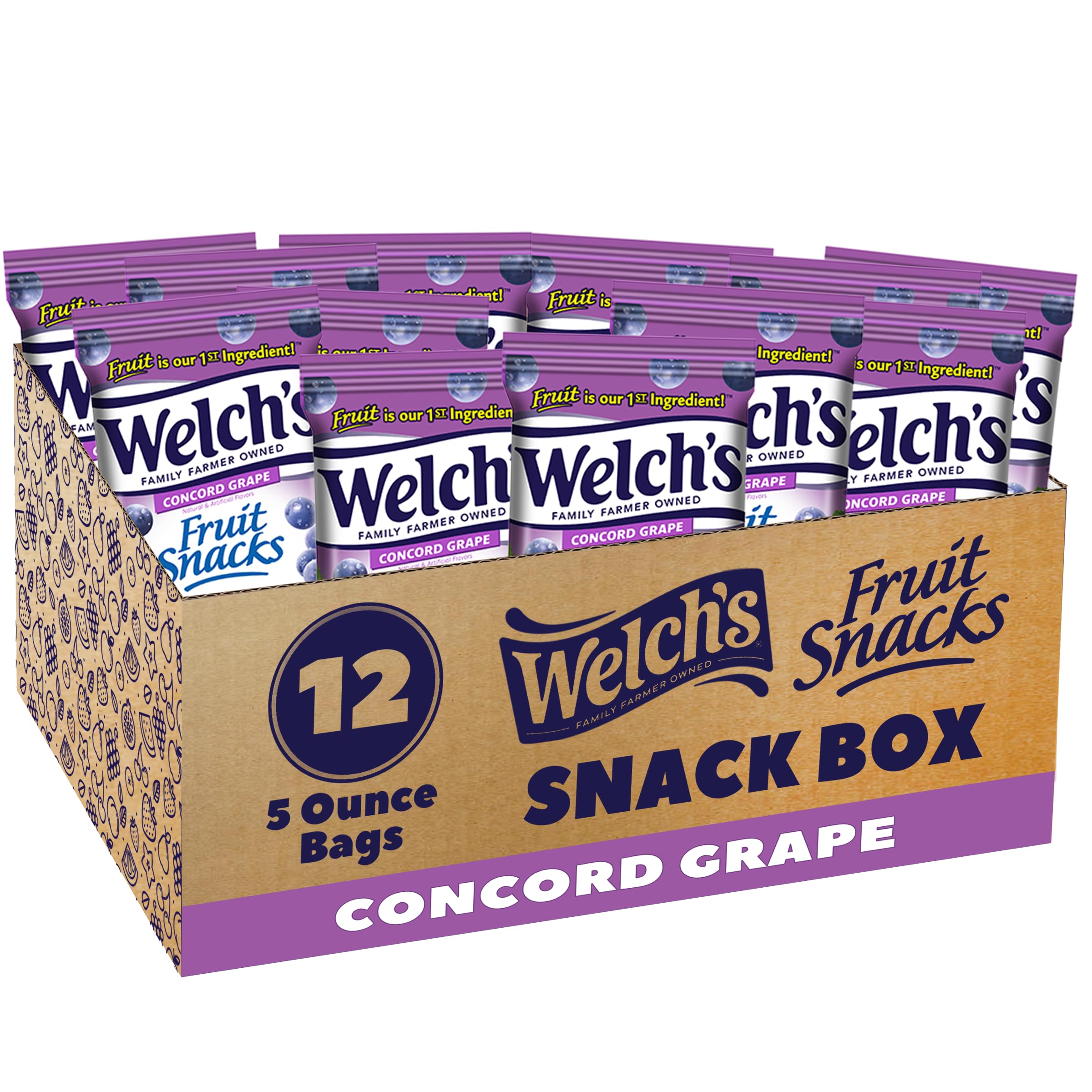 Welch's pack frontal Concord Grape mostrando bolsas y marca