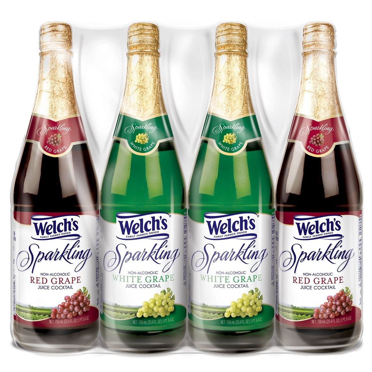 Welch's pack frontal de 4 botellas 750 ml mostrando variedad y aspecto festivo