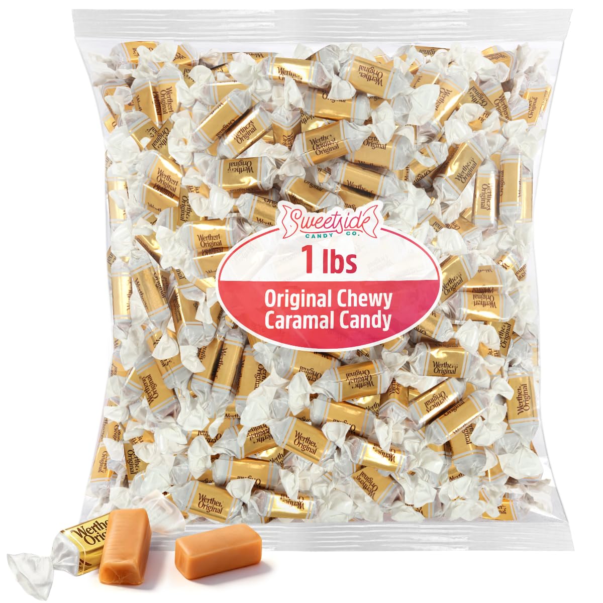 SWEETSIDE CANDY CO. bolsa frontal mostrando 1 lb y piezas envueltas, conveniencia inmediata