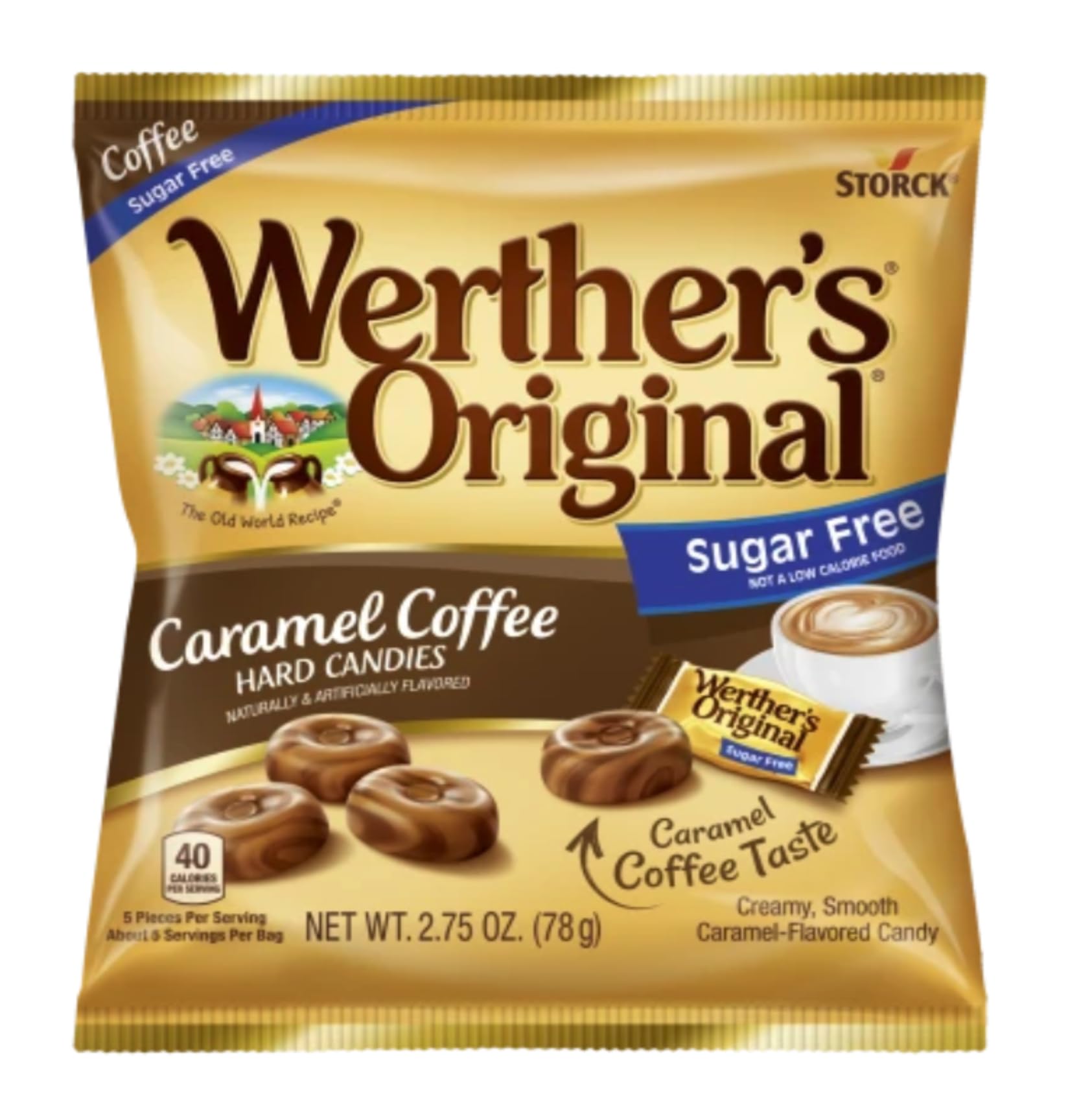 Werther's Original bolsa de caramelos masticables abierta con trozos mostrando textura y satisfacción