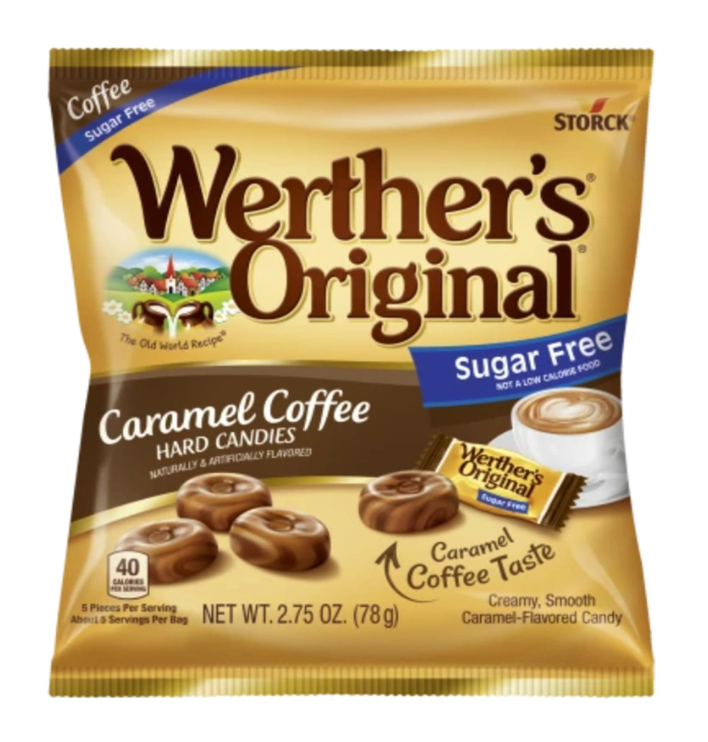Werther's Original bolsa de caramelos masticables abierta con trozos mostrando textura y satisfacción