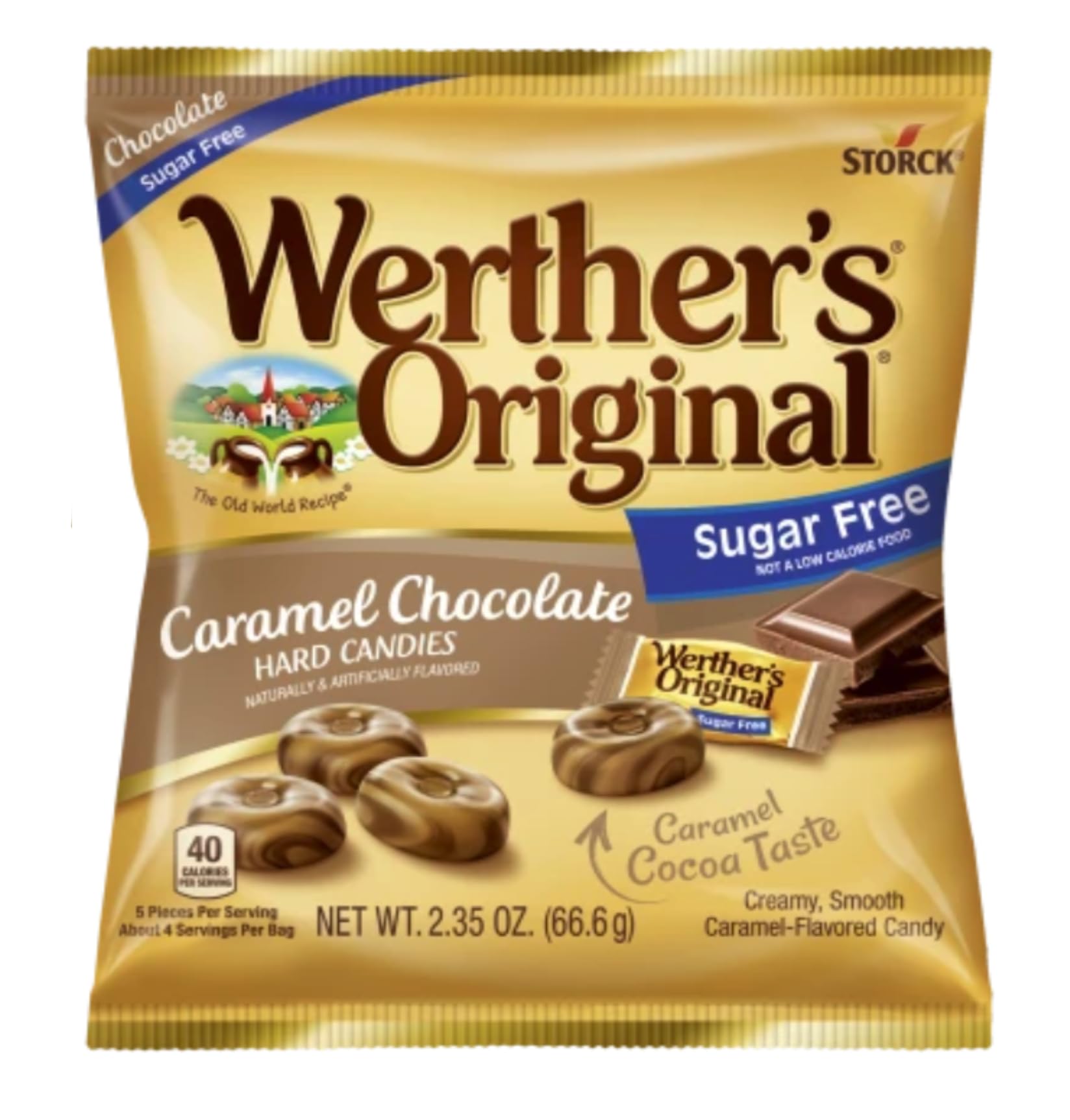 Werther's Original caramelo chocolate partido mostrando relleno y beneficio de indulgencia sin azúcar