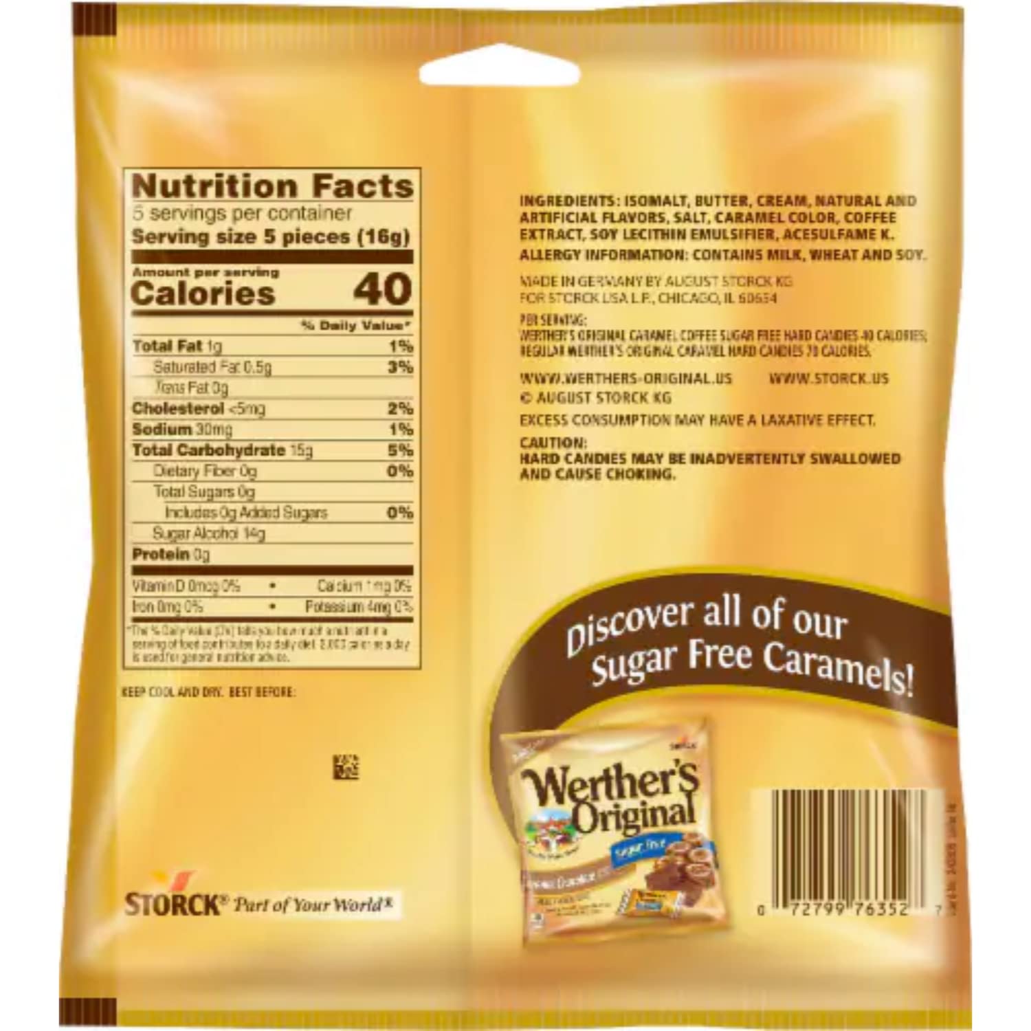 Werther's Original etiqueta con ingredientes visible para revisar sin azúcar añadida