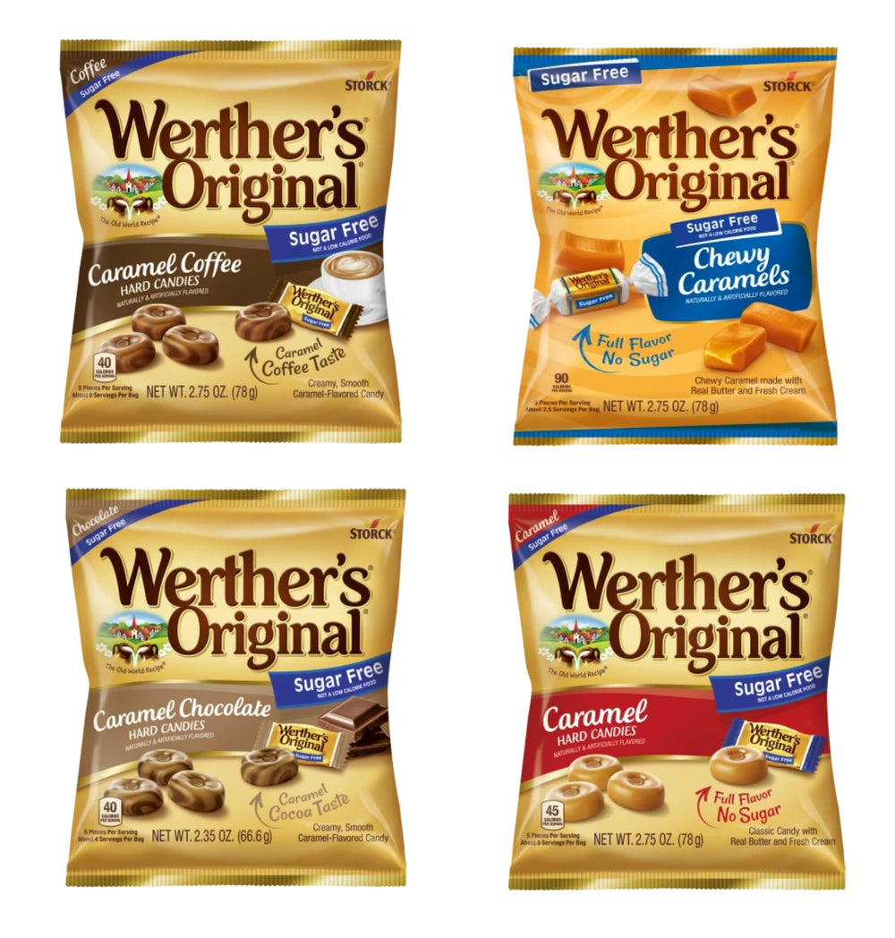 Werther's Original vista frontal del pack variedad sin azúcar mostrando cuatro bolsas y beneficio conveniencia