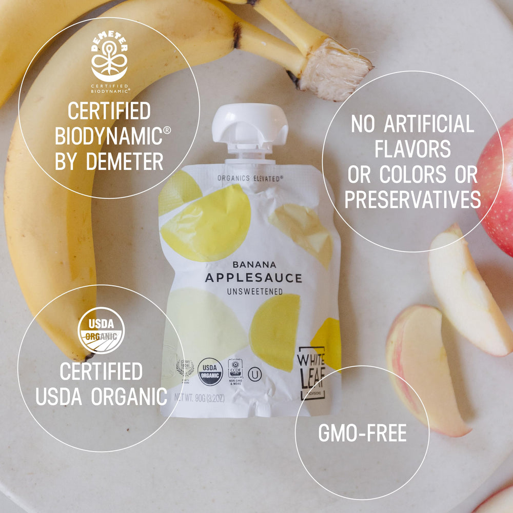 White Leaf Provisions pouch de Blueberry Applesauce ilustrando sabor y energía