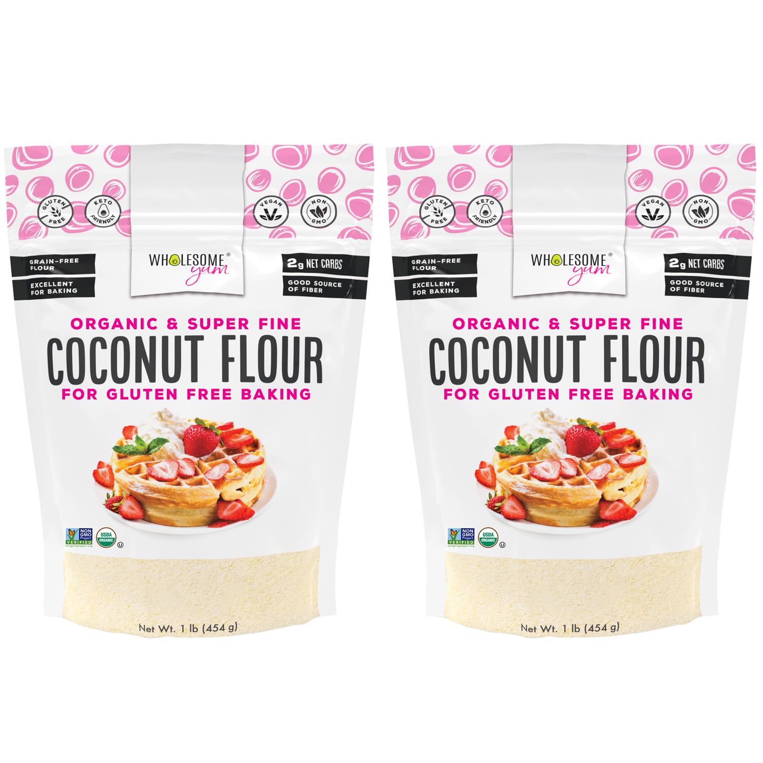 Wholesome Yum empaque frontal mostrando harina de coco orgánica, claridad del producto