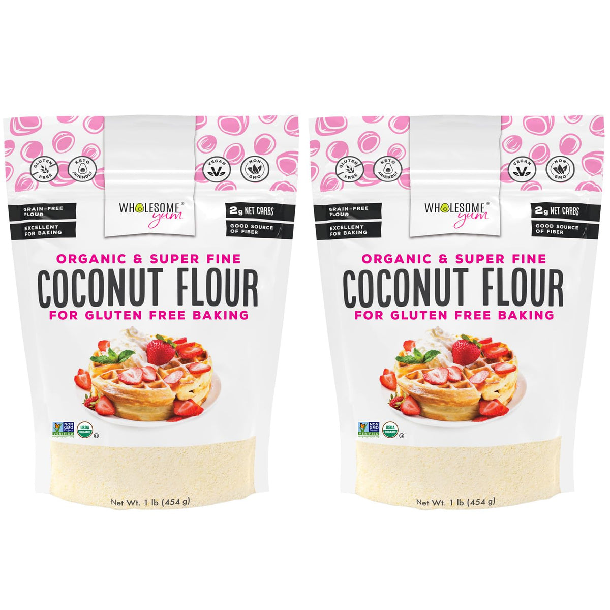 Wholesome Yum empaque frontal mostrando harina de coco orgánica, claridad del producto
