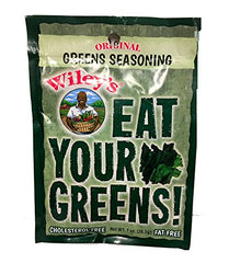 WIAONE Wiley's Green Seasoning espolvoreado sobre verduras de hoja mostrando realce de sabor