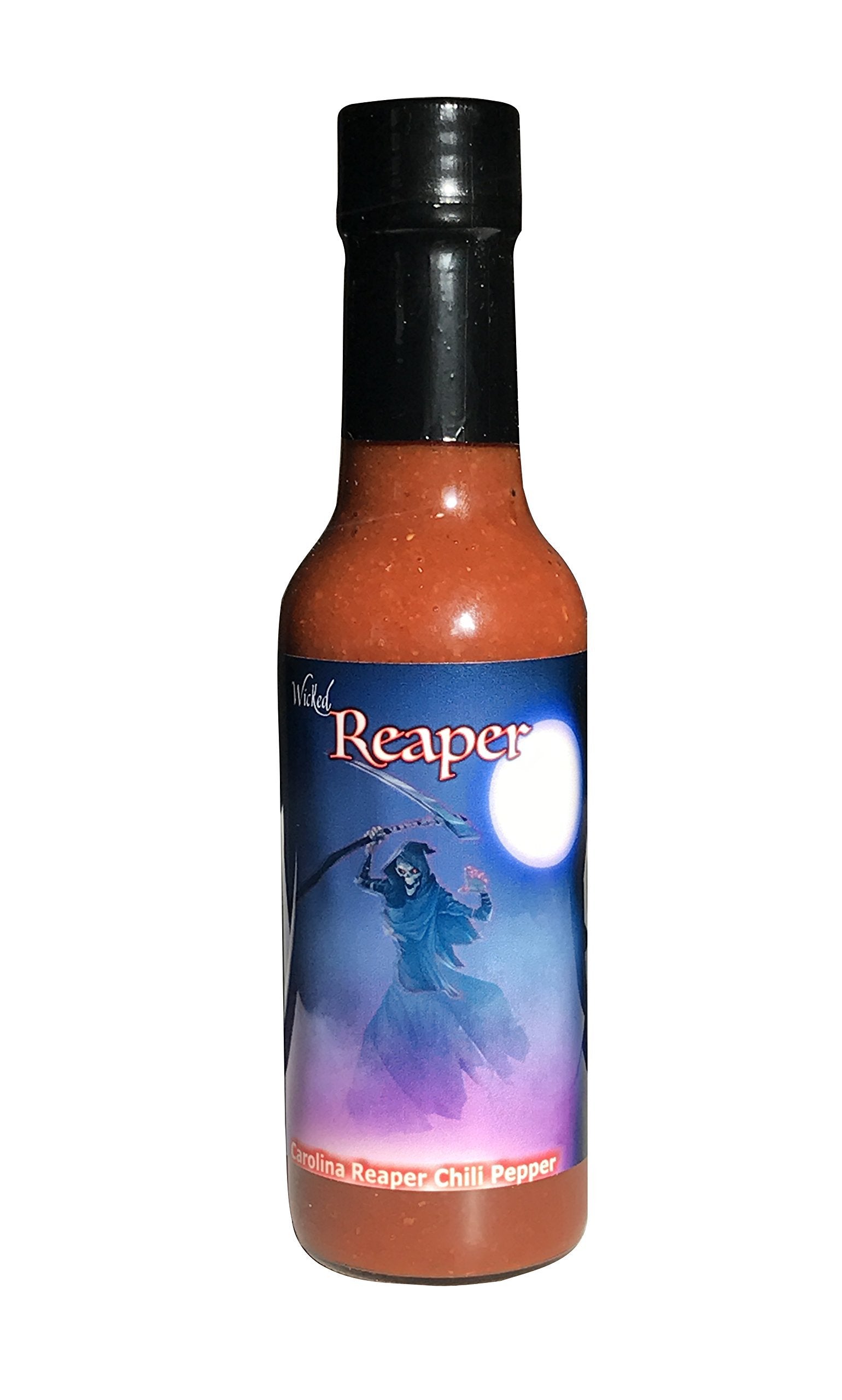 Wicked Reaper primer plano de la etiqueta con pimiento Carolina Reaper