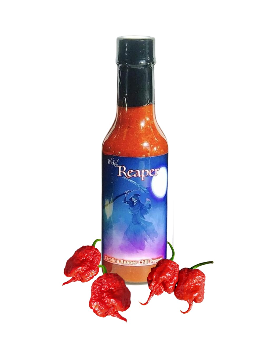 Wicked Reaper botella frontal mostrando diseño y advertencia de picante