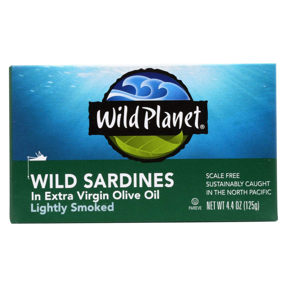 Wild Planet lata frontal de sardinas en aceite de oliva, presentación de pack 12