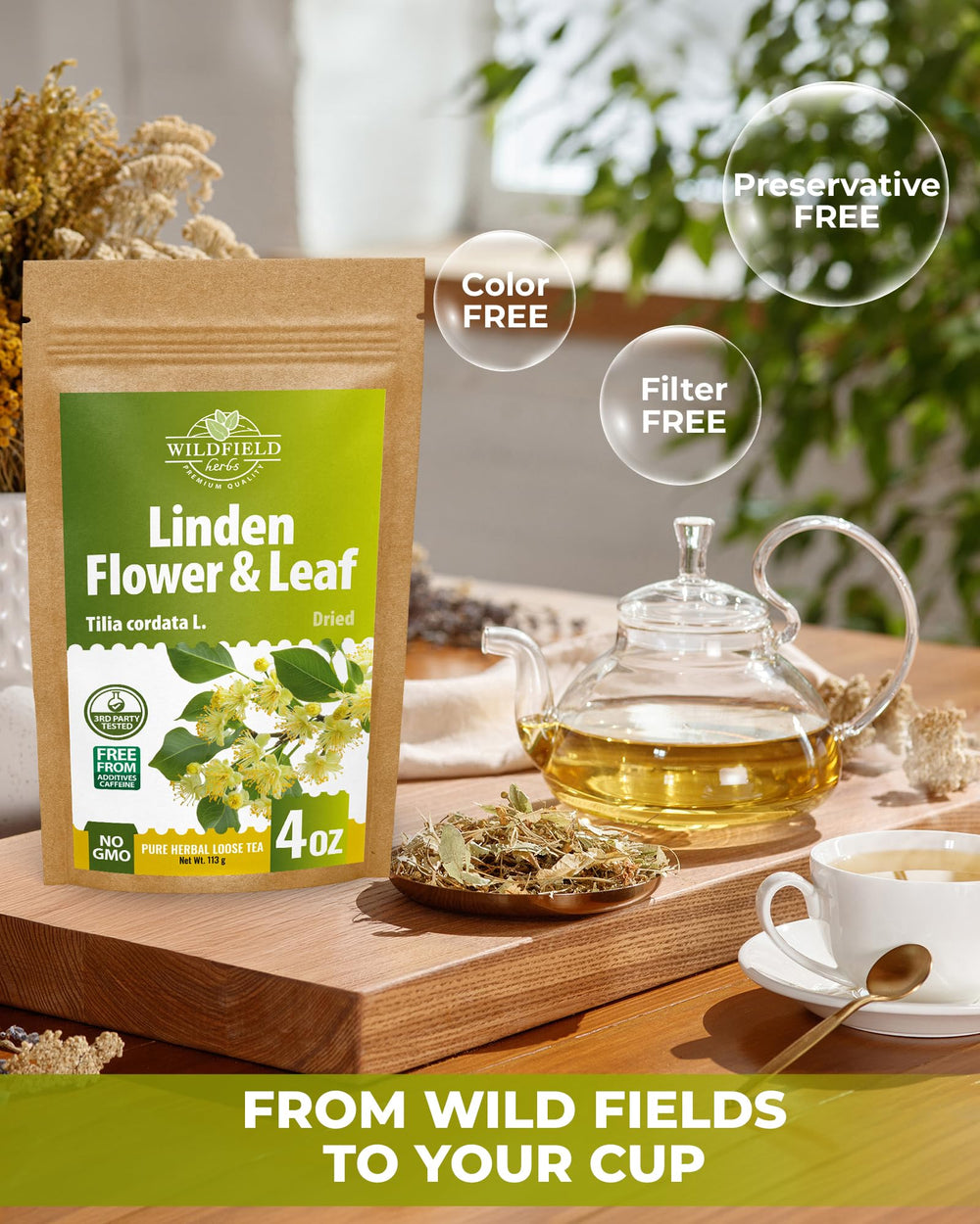 WILDFIELD HERBS mano sosteniendo una porción, indica tamaño y cantidad por dosis