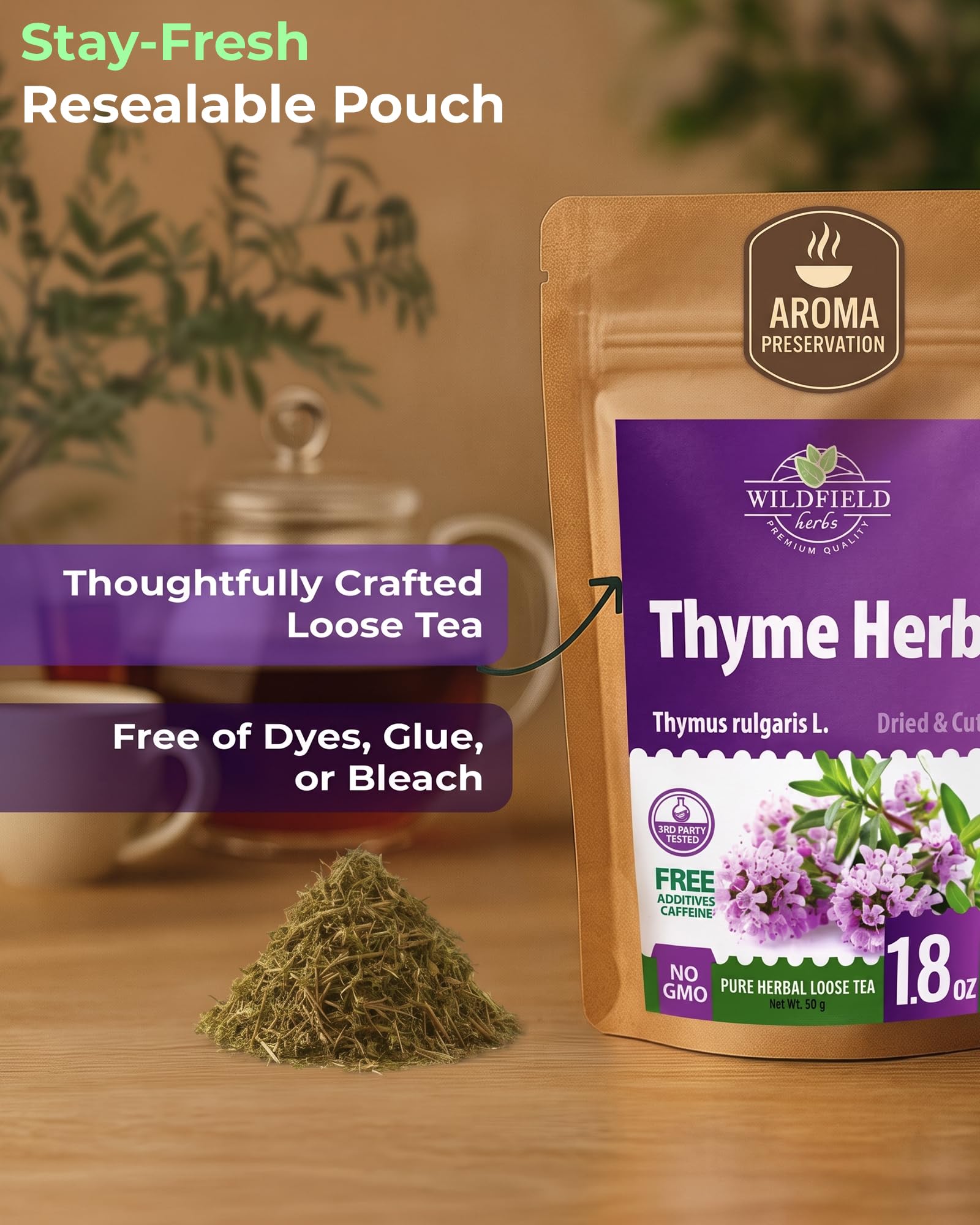 WILDFIELD HERBS paquete de 56 g junto a una regla para escala