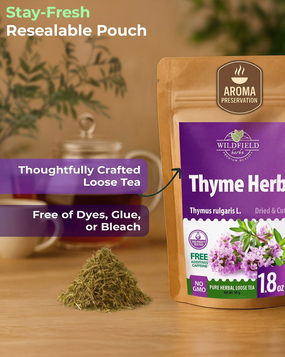 WILDFIELD HERBS paquete de 56 g junto a una regla para escala