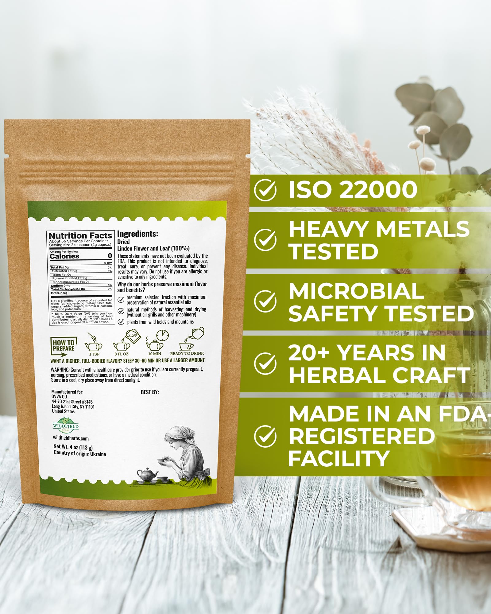 WILDFIELD HERBS primer plano de flores de tila secas, muestra textura aromática