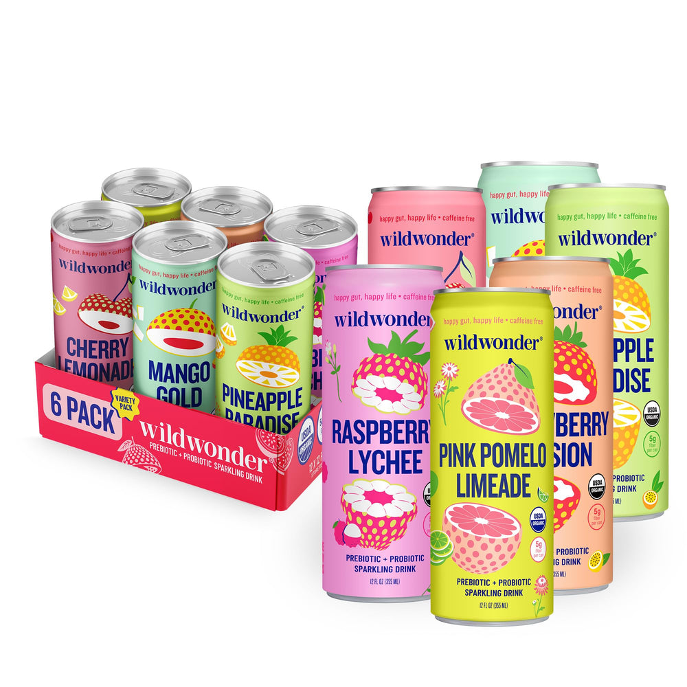 Wildwonder latas frente mostrando el pack y variedad de sabores beneficiosos