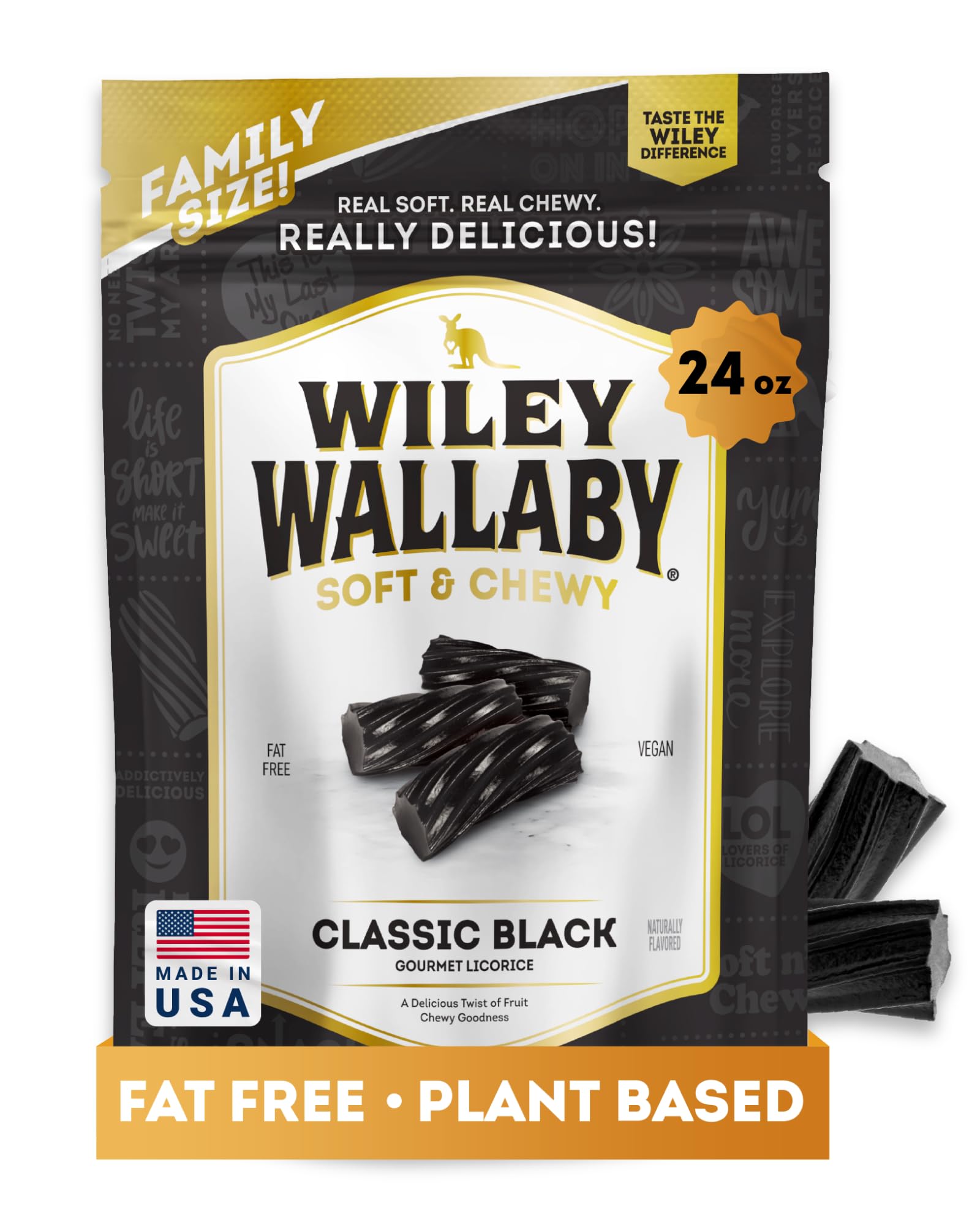 WILEY WALLABY empaque frontal mostrando bolsa resellable y sabor