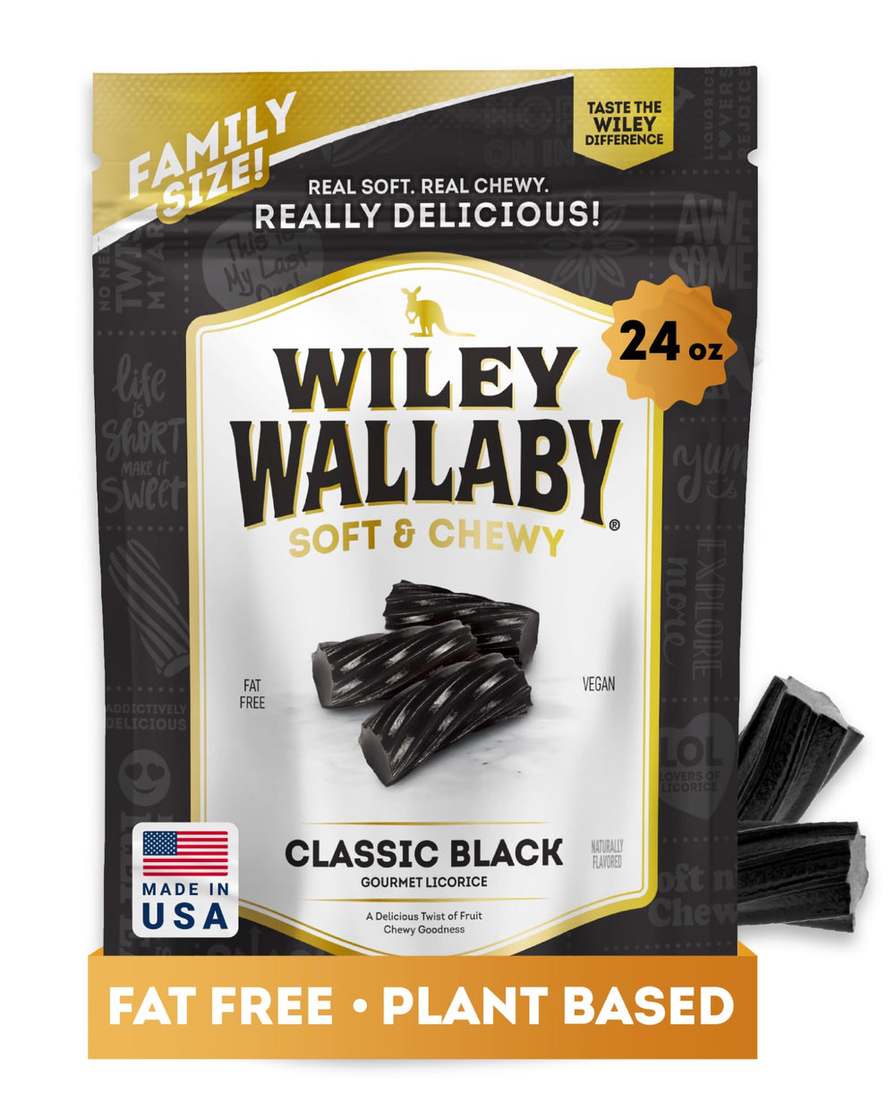 WILEY WALLABY empaque frontal mostrando bolsa resellable y sabor