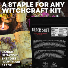 Witches & Wiccan sal negra en mano para comparar tamaño y cantidad práctica