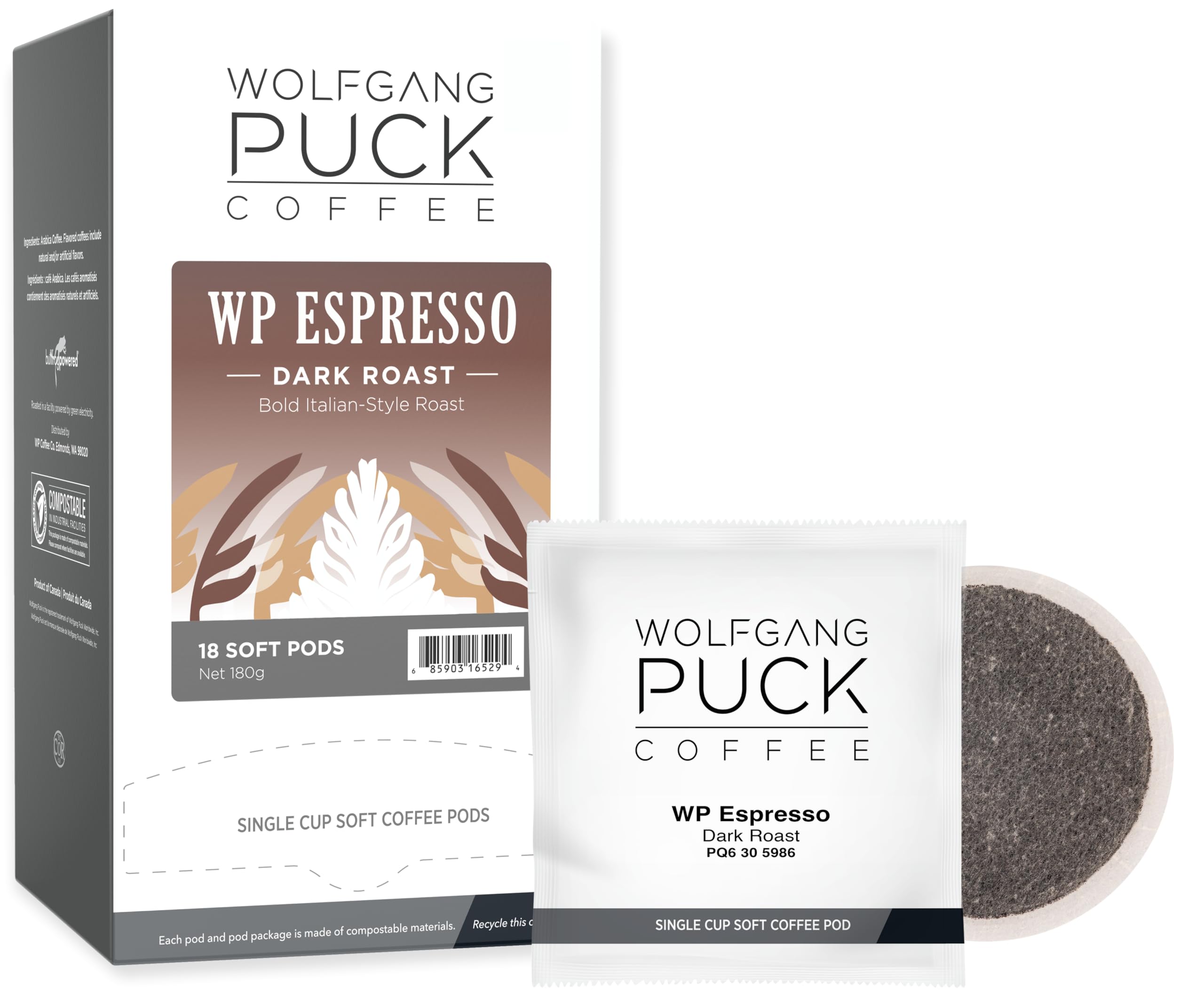 Wolfgang Puck cápsula en mano para mostrar tamaño y dosis adecuada para espresso
