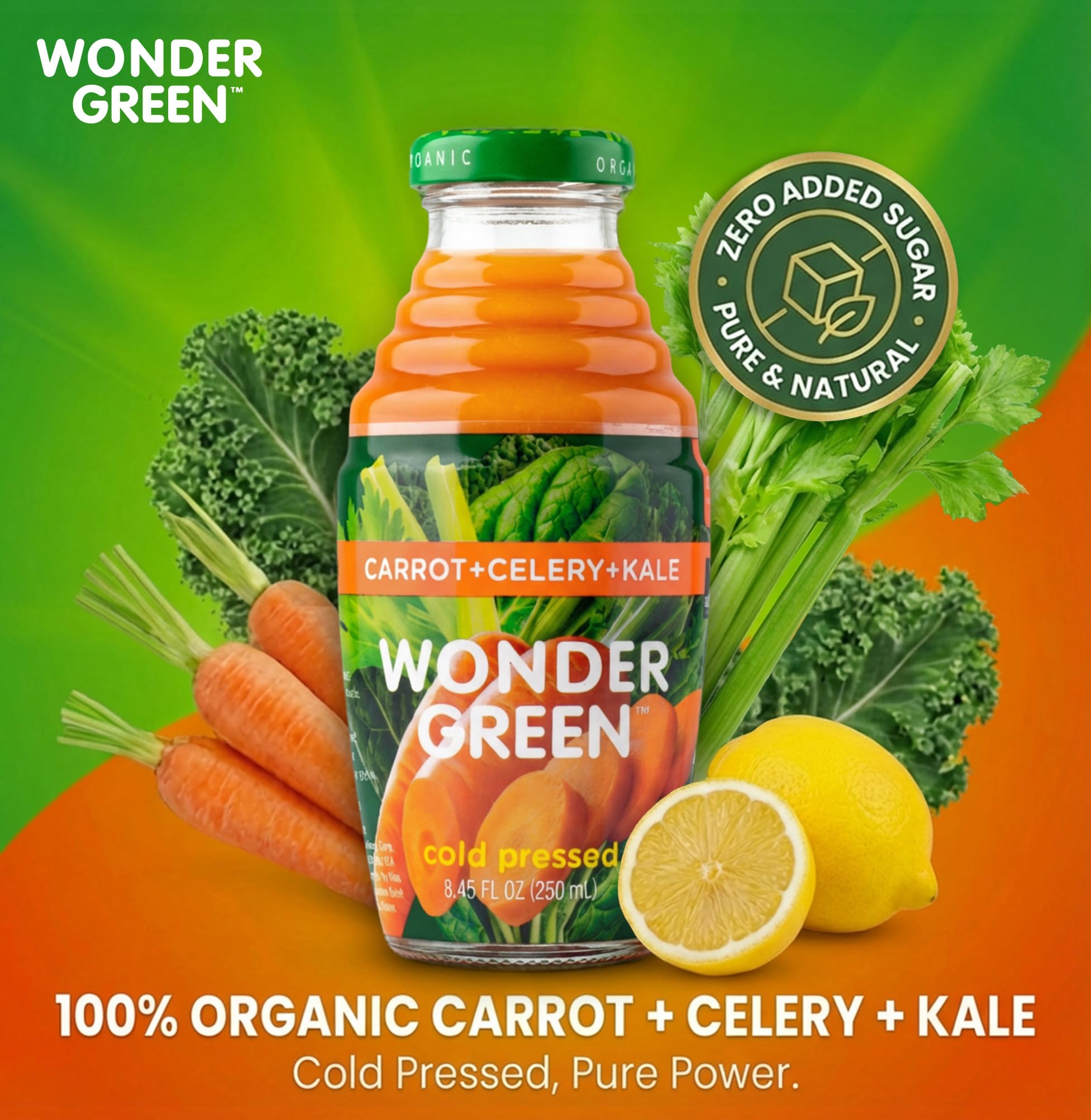 Wonder Green botella 8.45 oz en mano mostrando tamaño portátil