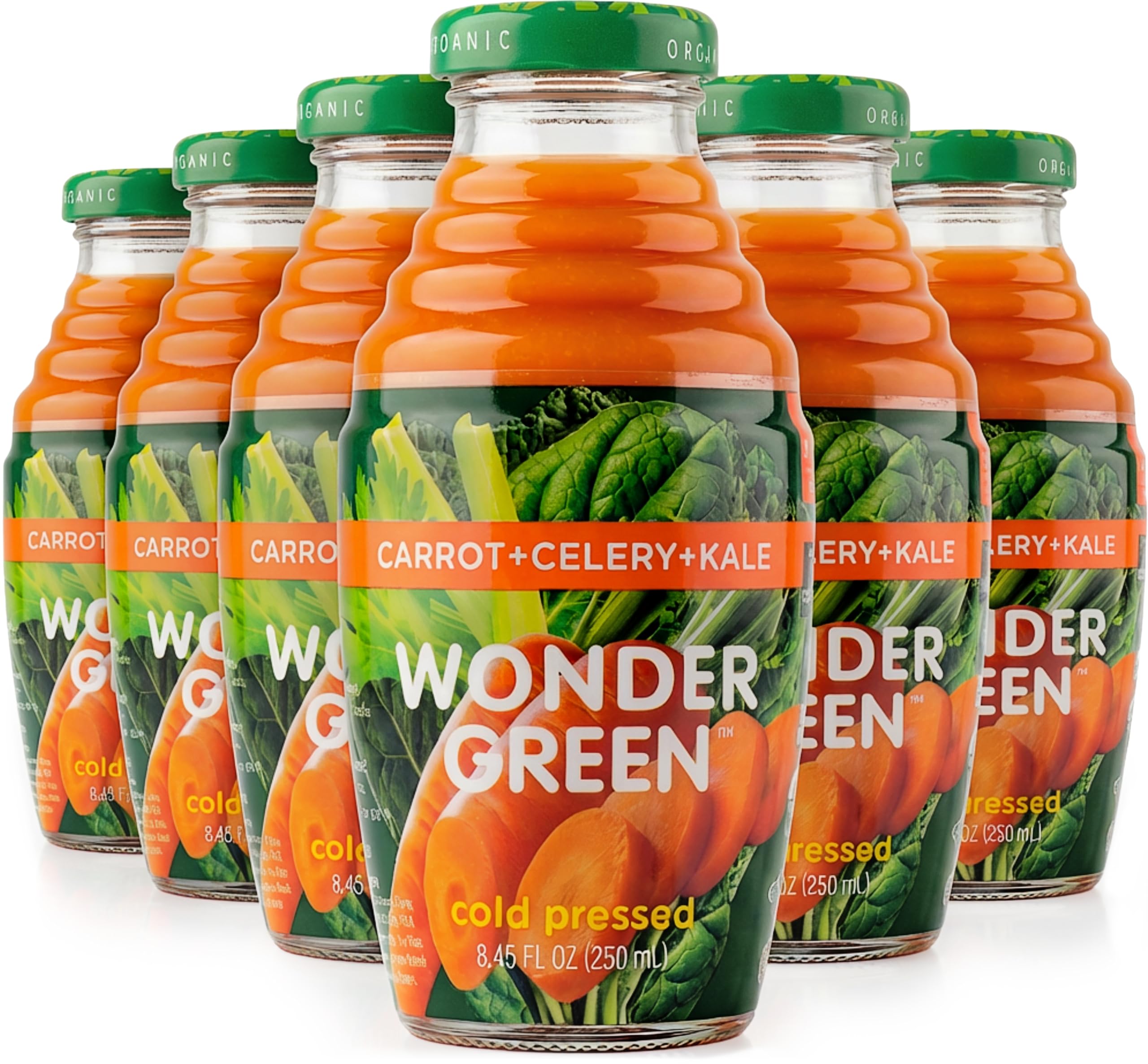 Wonder Green vista frontal del pack de seis botellas, práctico para llevar
