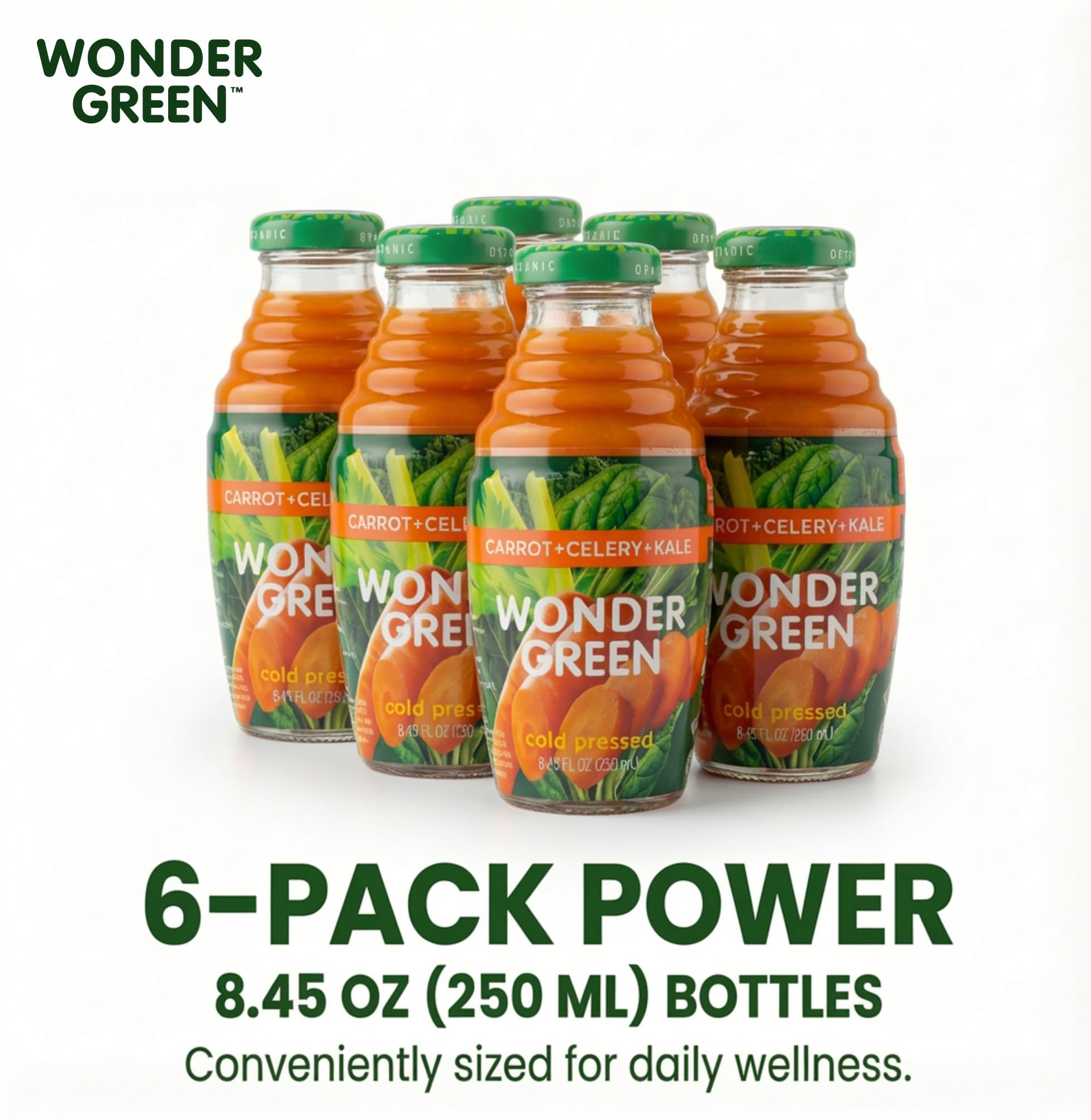 Wonder Green botella sobre escritorio mostrando consumo durante trabajo