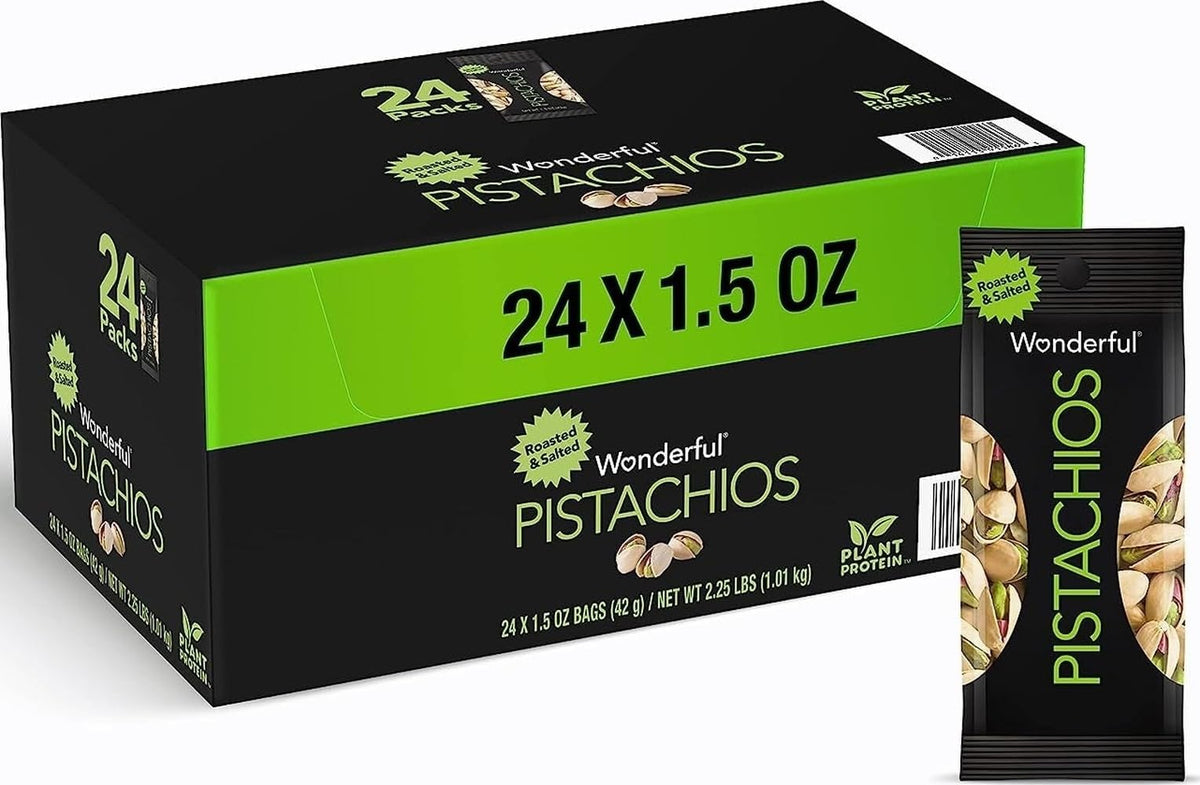 Wonderful Pistachios empaque frontal mostrando 24 bolsas, conservación prolongada
