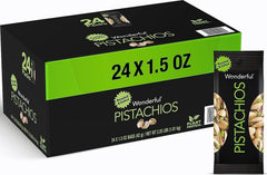Wonderful Pistachios empaque frontal mostrando 24 bolsas, conservación prolongada