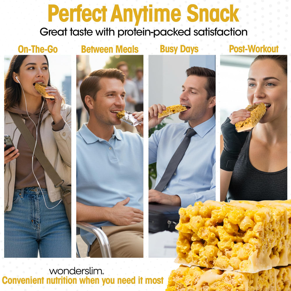Wonderslim varias barritas sobre mesa de oficina como snack práctico