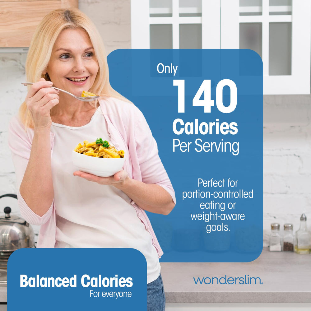 Wonderslim etiqueta nutricional destacando 12 g proteína y 140 kcal