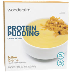 WonderSlim paquete frontal mostrando sabor Toffee Crème y porciones