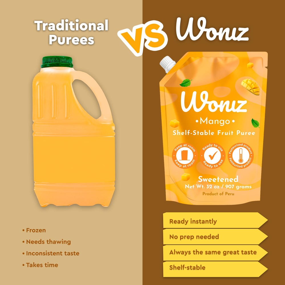 Woniz pouch de puré de mango en cocina familiar, ahorro de tiempo