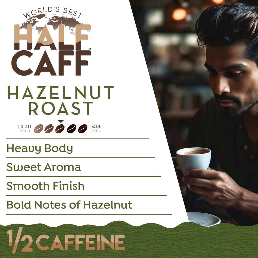 World's Best Half Caff taza con café hazelnut que resalta aroma y cuerpo pleno