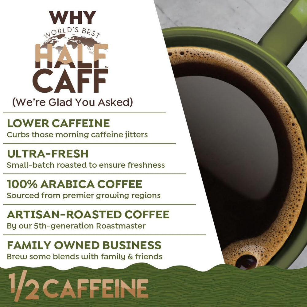 World's Best Half Caff cápsula en mano para comparar tamaño y facilidad de uso