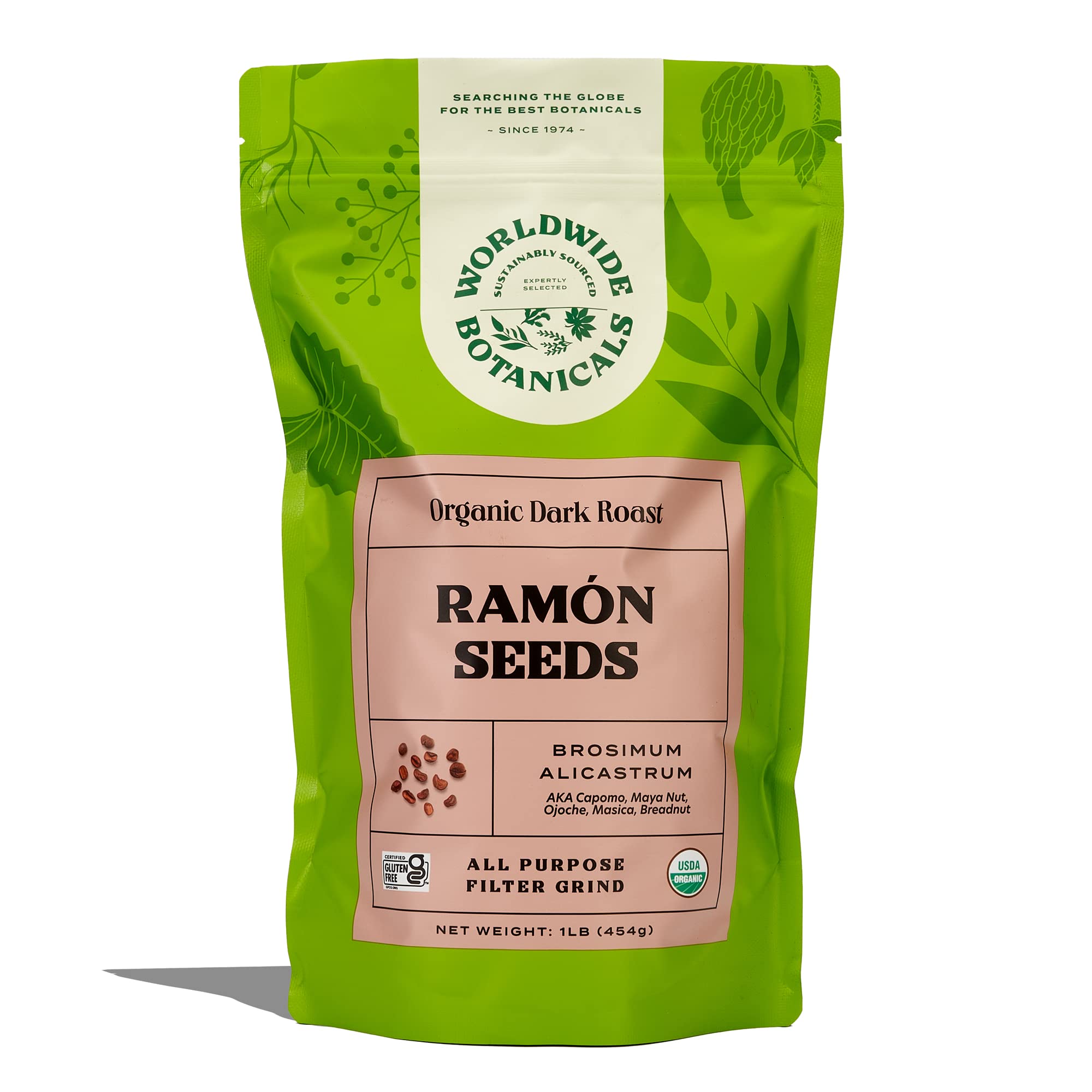 Worldwide Botanicals empaque frontal de semillas de ramón tostadas, muestra clara del producto y beneficios