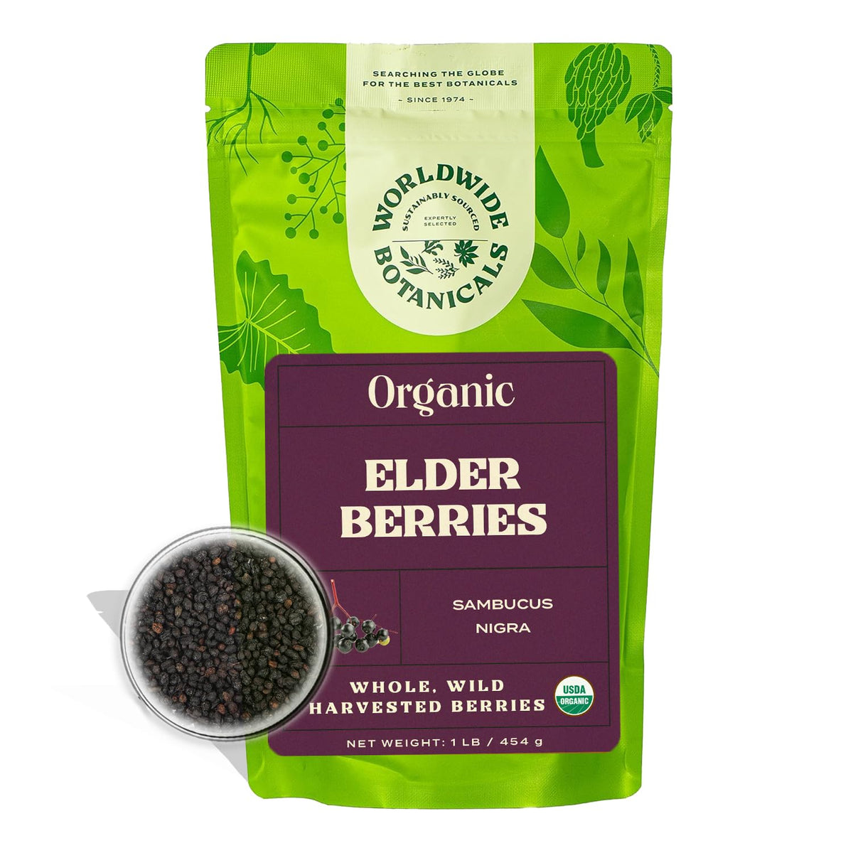 Worldwide Botanicals paquete frontal mostrando 1 libra y sello orgánico