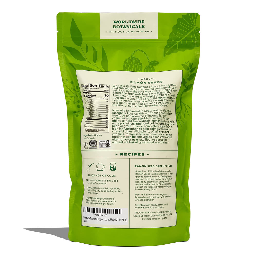 Worldwide Botanicals primer plano de la molienda de ramón, textura ideal para múltiples preparaciones