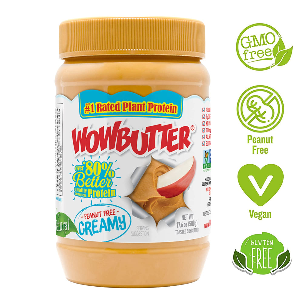 Textura cremosa de WOWBUTTER en cuchara, visual apetitoso y fácil de untar
