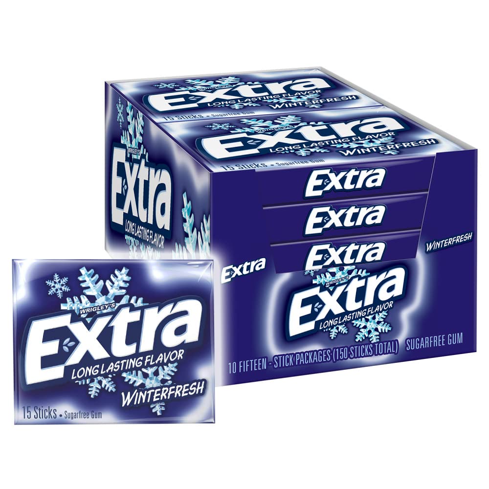 WRIGLEY'S EXTRA frontal del paquete mostrando 10 barras, conveniencia inmediata