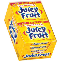 Wrigley's Juicy Fruit frente del paquete mostrando diseño reconocible y fácil identificación