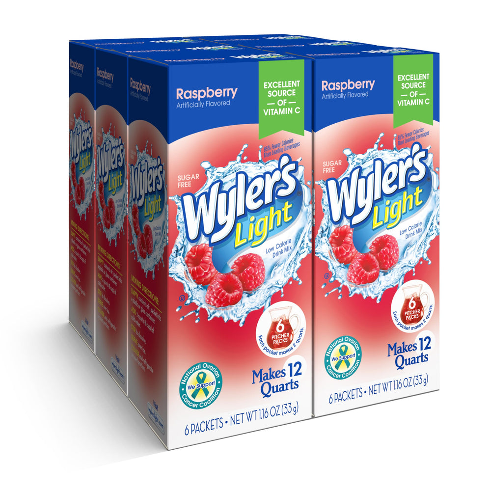 Wyler's Light empaque frontal frambuesa mostrando cantidad y beneficios