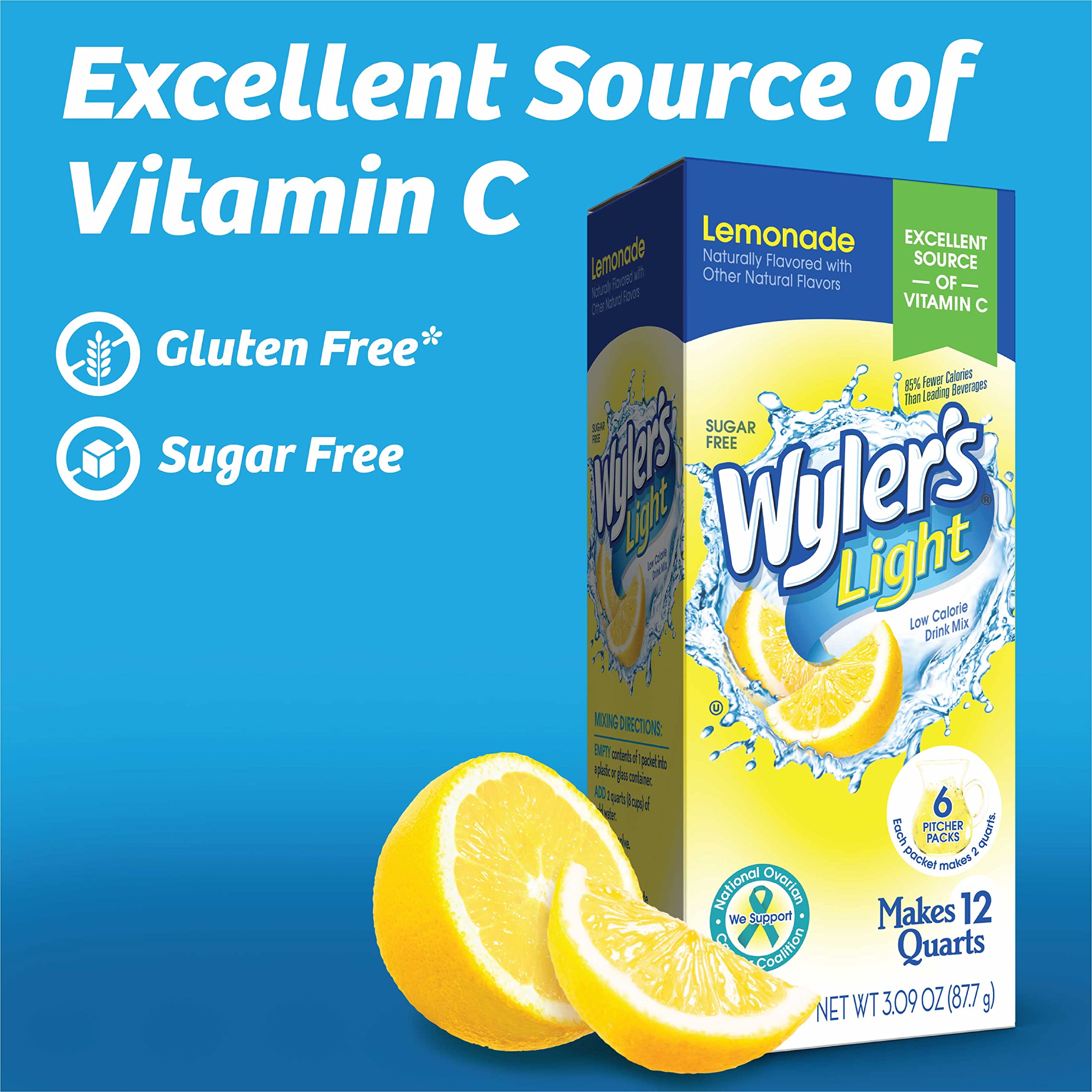 Wyler's Light jarra junto a vasos para comparar tamaño, rinde para varias porciones