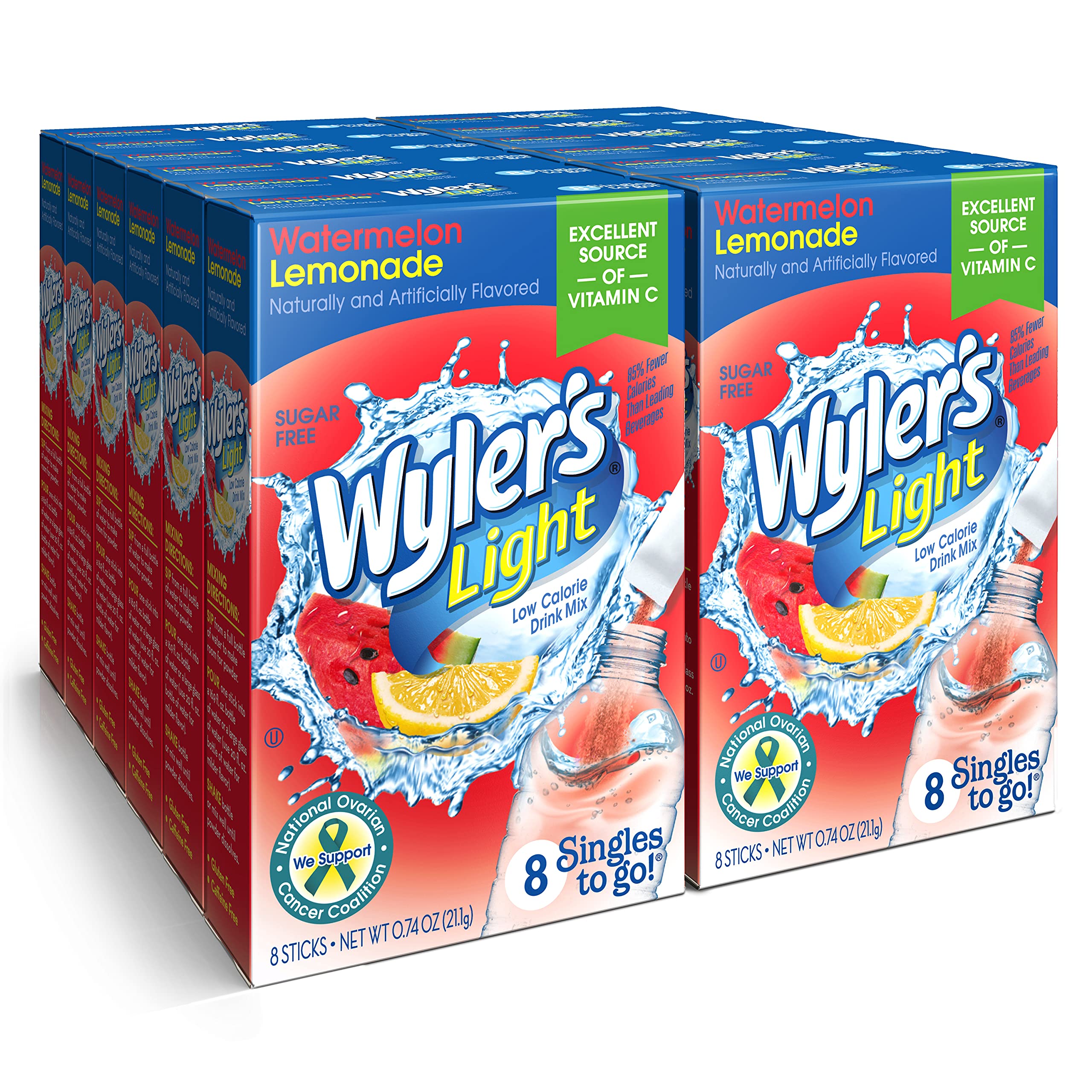 Wyler's Light caja frontal Watermelon Lemonade mostrando 96 sobres, hidratación práctica