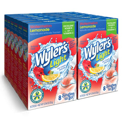 Wyler's Light caja frontal Watermelon Lemonade mostrando 96 sobres, hidratación práctica