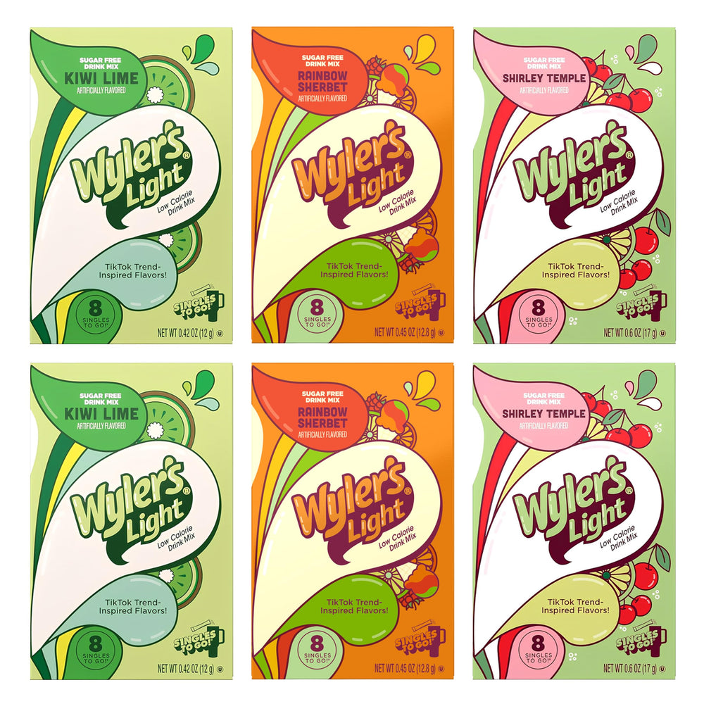 Wyler's Light vista frontal del pack con seis cajas, conveniencia para llevar