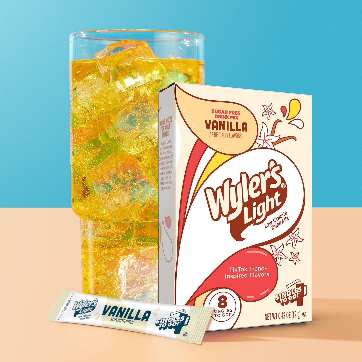 Wyler's Light sobre al lado de una regla, tamaño por porción claro